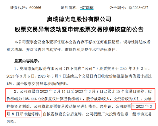 突然宣布：停牌核查！已连拉15个涨停